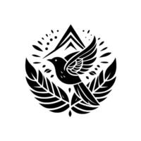 A stylized black bird in flight, framed by leaves and a mountainlike peak, set against a pristine white backdrop, embodying natural elegance. vector
