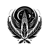 A symmetrical, minimalist black and white art piece featuring a stylized skyscraper framed by two feathered wings, set within a celestial night sky filled with a crescent moon and stars. vector
