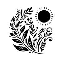 Stylized Black and White Botanical Composition featuring a radiating Sun, Lush Foliage, and Organic Leaf Designs, creating a harmonious and decorative illustration. vector