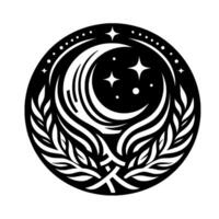 Intricate black and white circular emblem featuring a crescent moon, stars, dots, and stylized leafy elements, suggestive of celestial and natural harmony. vector