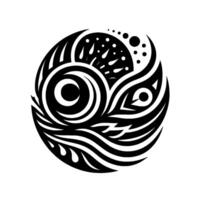 Intricate Black and White Circular Tribal with Swirls, Eyes, and Symbolic Elements on a White Background. vector