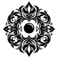 Symmetrical Black and White Floral Pattern with a Central Circle and Ornate, Detailed Designs in a Decorative, Repeating Composition. vector