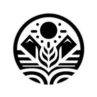 Black and white minimalist circular featuring stylized mountains, sun, leaves, and curved lines representing water and plant life. vector