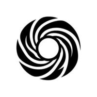 A stark, composition of a black vortex, composed of layered curved segments spiraling around a white central aperture, set against a clean white backdrop. vector