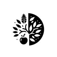 Minimalist Black and White Logo SplitCircle Featuring a Stylized Tree with Apple, Leaves, and Natural Elements. vector