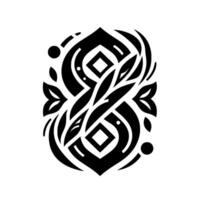 Symmetrical Black White Floral Ornament with Geometric Accents and Abstract Leaf on a White Backdrop. vector