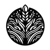 Abstract monochrome illustration of a stylized plant within a circular frame, featuring intricate leaf details and flowing lines, evoking a sense of harmony and natural beauty. vector
