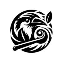A stylized monochrome of a birds head and body encompassed by swirling shapes and lines, featuring a dark, glossy ball and a leaf. vector