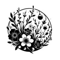 Elegant black and white floral arrangement within a circle frame, showcasing various blooms and foliage in minimalist design, perfect for decorative applications. vector