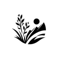 Monochromatic nature icon stylized grass, berryladen branches, and a mountain silhouette under a sun, creating a serene and minimalistic landscape symbol. vector
