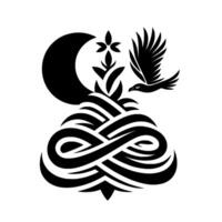 Symbolic monochrome illustration, featuring a crescent moon, floral elements, intertwined design, and a soaring eagle. vector