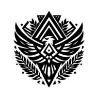Geometric Black and White Eagle Crest with Wings Spread, Surrounded by Laurel Wreath and Triangle Motif. vector