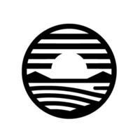 Stylized black and white circular depicting a landscape with sun and mountains, formed by horizontal lines. vector