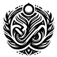 Intricate Tribal Emblem Circular Monochrome Featuring Flowing Lines, Symmetrical Shapes, and Ornamental Details on White Background. vector