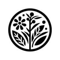 Simplified Botanical Illustration A round, black and white emblem featuring a stylized flower, leaves, and berries within a circular frame, evoking nature and simplicity. vector