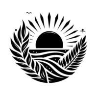 A minimalist black and white illustration of the sun setting over stylized waves framed by laurel branches, with birds. vector