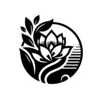 Elegant monochrome illustration of a stylized lotus flower with leaves, within a circular frame with curved elements and a striped detail, evoking tranquility. vector