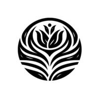 Minimalist Black and White Circular Logo Floral within a Ring, Featuring Abstract Leaves and Detailed Symmetry, Evoking Tranquility. vector