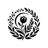 Elegant black and white floral illustration, a stylized tulip at the center embraced by a symmetrical wreath of leaves and berries, set against a clean white backdrop. vector