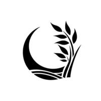 Elegant Monochrome Design A stylized black silhouette of a plant with leaves, cradled within a crescent and geometric lines on a white background, evoking serenity. vector