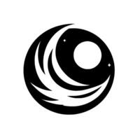 Celestial emblem of a stylized crescent and moon within a circular frame, set against a black void with two bright stars, creating a sleek, minimalist design. vector