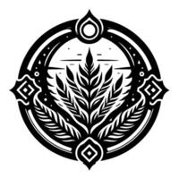 Intricate Black and White Emblem Featuring Central Leafy Within a Circular, Decorative Frame with Geometric Accents. vector
