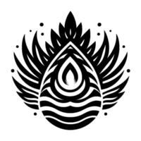 An elegant, symmetrical monochrome illustration featuring a stylized teardrop or seedlike form encompassed by feathers, leaves, and dotted accents, creating a balanced, art deco composition. vector