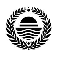 A stylized, monochrome emblem featuring a semicircle sun, horizontal bands over wavy lines, encircled by a laurel wreath, on a white background. vector