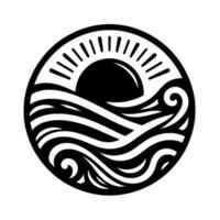 A minimalist monochrome emblem of the sun rising over stylized ocean waves within a circular frame, conveying a sense of serenity and natural beauty. vector