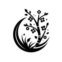 Elegant Black White Stylized Floral Composition Tree, Blossoms, and Crescent in a Serene Botanical Design, Evoking Simplicity and Harmony. vector