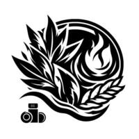 Stylized Black and White with Organic Leaf Forms, Fire Shapes, and Abstract Lens on White Background. vector