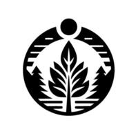 Monochromatic, stylized nature emblem central leafy plant, flanked by pine trees within a circular frame, with sun. vector