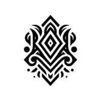 Symmetrical Black and White Ornate Geometric featuring diamond shapes, scrollwork, leaf elements, and dots, centered on white background. vector
