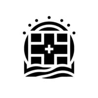 Abstract Black and White Logo A stylized Nordic cross within a circle, above water waves, and crowned with dots. vector