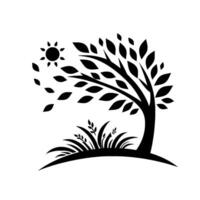 Stylized Black Silhouette of a Tree and Sun, with Blowing Leaves and Grass on a White Background, Simple and Elegant Design. vector