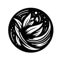 An elegant, black and white circular of stylized leaves, stars, and a moon, creating a serene, celestial motif within a circle. vector
