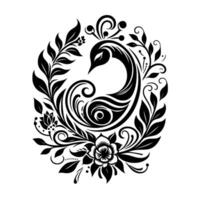 An elegant, black and white floral and avianinspired design, featuring a stylized swan in a symmetrical, oval composition, surrounded by botanical elements. vector
