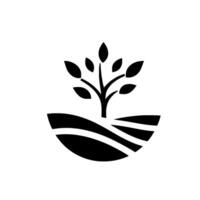 Minimalist monochrome featuring a stylized tree with leaves emerging from a curved, layered landscape, symbolizing growth. vector