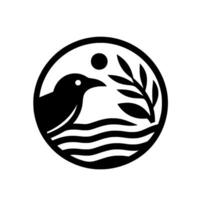 A stylized, minimalist emblem depicting a black bird and branch within a circular frame, evoking nature and tranquility. The composition uses high contrast. vector