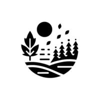 Minimalist monochromatic landscape in a circular frame depicting a leafbearing tree, mountain, sun, forest, and leaves, with a serene and calm ambiance. vector