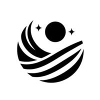 Abstract Black and White Featuring a Sphere, Crescent, Striped Lines, and StarShaped Icons. vector