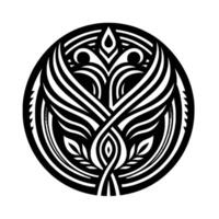 Intricate black and white circular featuring stylized floral elements, arranged symmetrically and resembling a tree or plant symbol, within a detailed striped border. vector