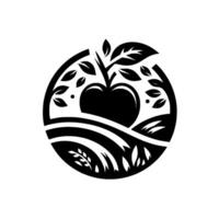 A monochrome, circular emblem featuring a stylized apple tree within a landscape, depicting a minimalist yet detailed agricultural design. vector