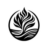 Stylized Black and White Emblem of a Tree with Flowing Foliage Enclosed in a Circular Frame on a White Background. vector