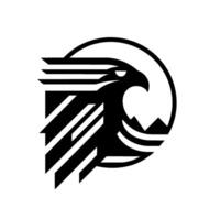 Geometric Eagle in Black and White with a stylized mountain range, set against a crisp white background and enclosed in a circle. vector