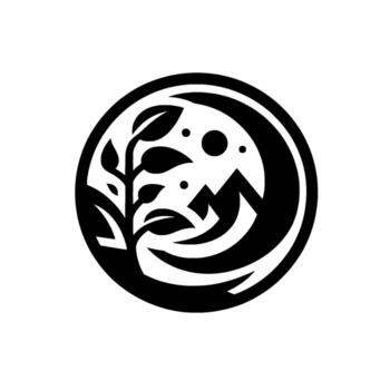 A minimalist, circular emblem depicts a mountain range, tree, moon, and stars, rendered in a striking black and white negative space design. vector