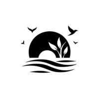 Minimalist silhouette design, featuring a black sun partially obscuring a white orb, verdant leaves, stylized waves, and birds in flight against a plain white backdrop, suggesting tranquility. vector