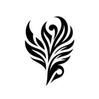 A stylized, symmetrical black and white tribal with a featherlike, organic composition, reminiscent of flora or avian imagery against a stark white backdrop. vector