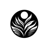 Intricate, abstract monochrome emblem a stylized, radial plant with textured petals, enclosed in a dark circle, with a central white orb. vector