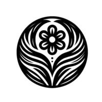 A symmetrical, stylized floral emblem with a central flower and surrounding winglike elements, contained within a circle on a white background, embodying simplicity and balance. vector
